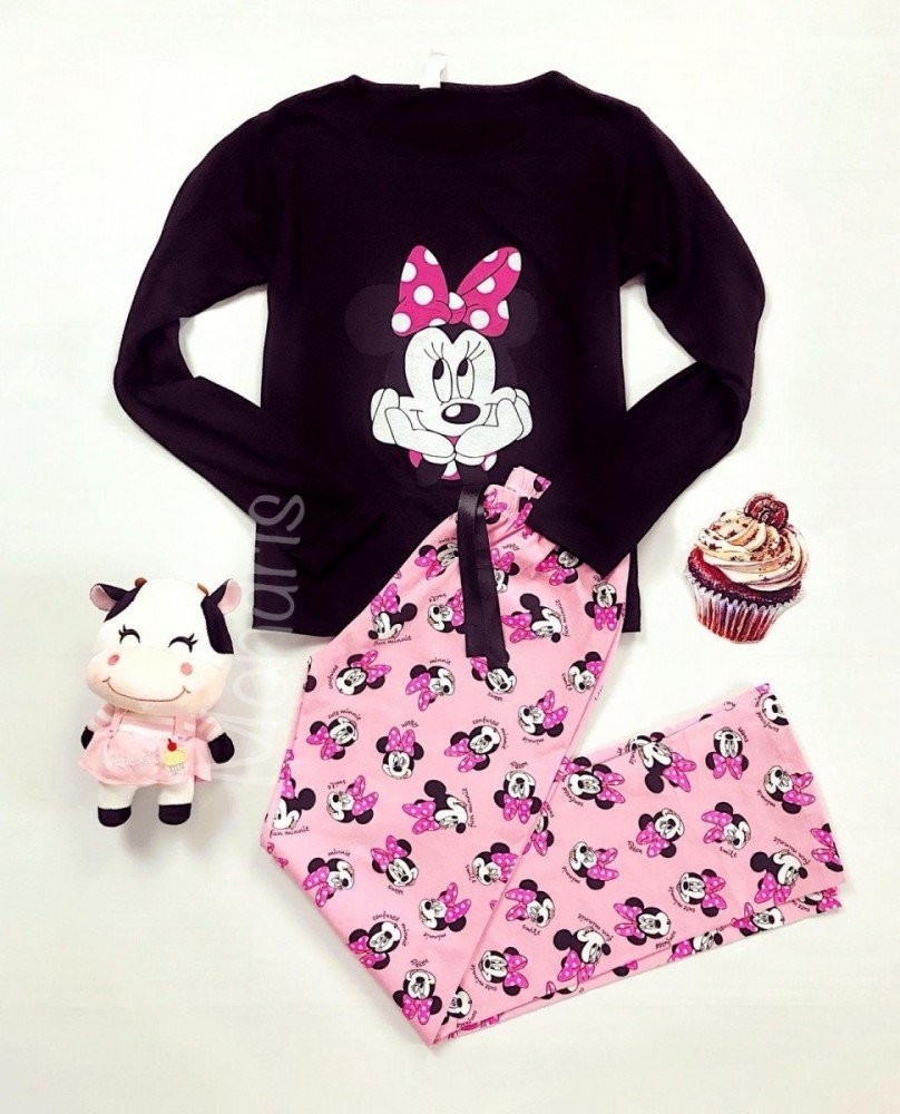 Pijama dama ieftina din bumbac lunga cu pantaloni lungi roz si bluza cu maneca lunga neagra cu imprimeu Minnie Mouse Happy Face